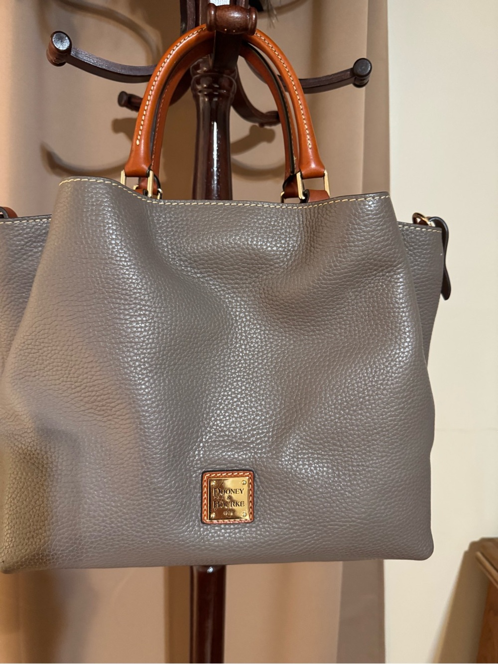 Dooney & Bourke Pebbled Leather Satchel in Gray with Brown Trim